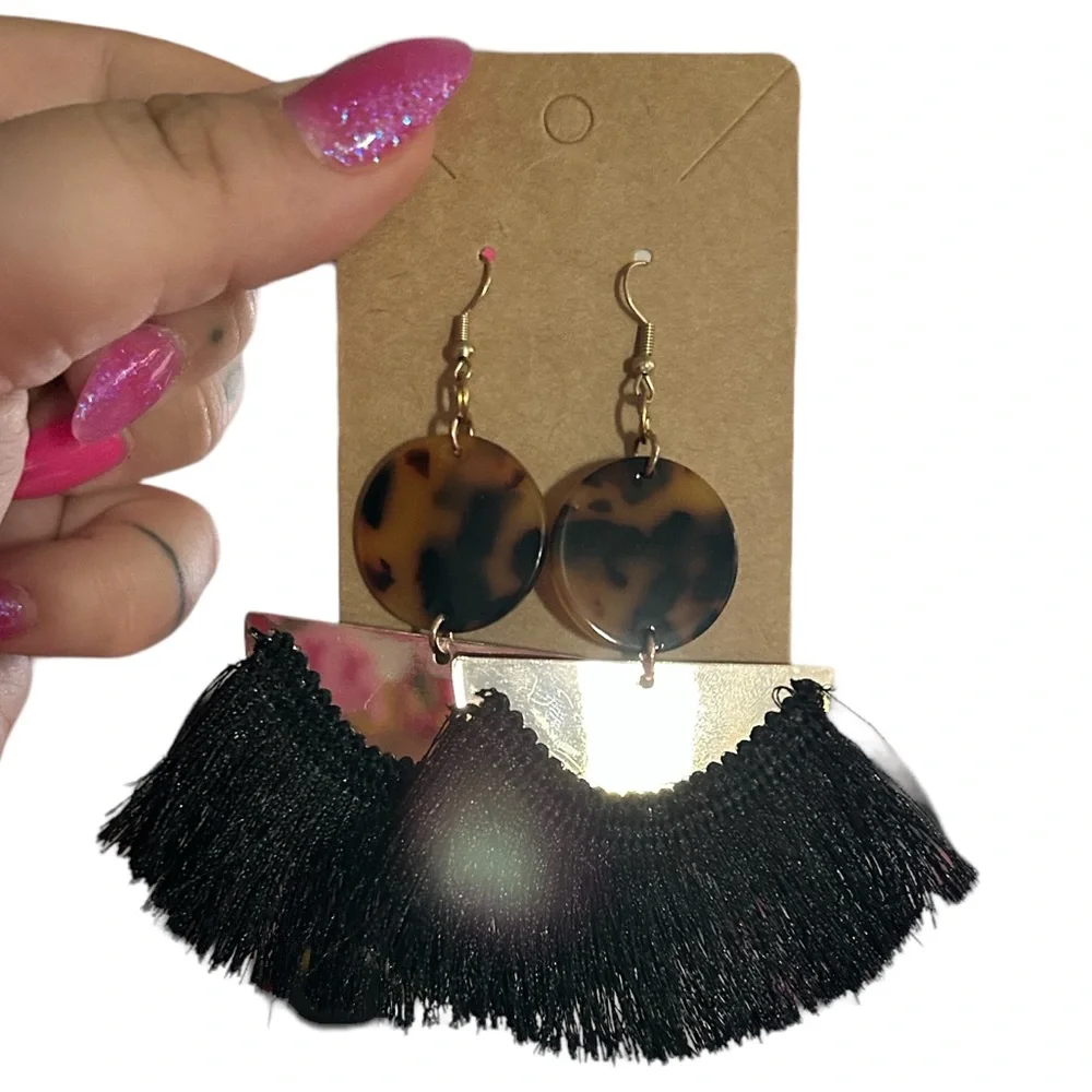 Boho Black Fringe & Leopard Print Earrings